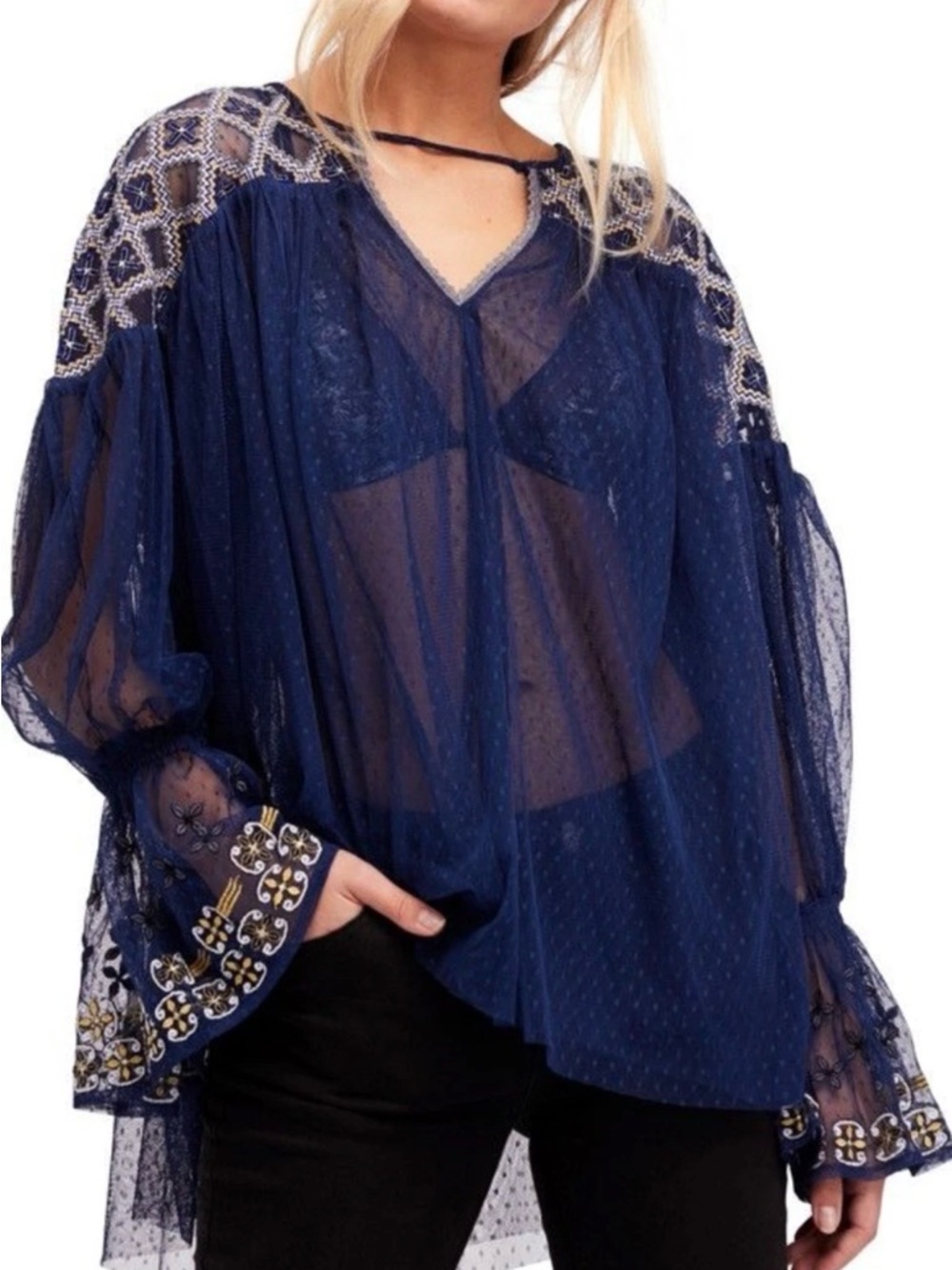 Free People Joyride Embroidered Tulle  Sheer Mesh Metallic Navy Blue Tunic Small